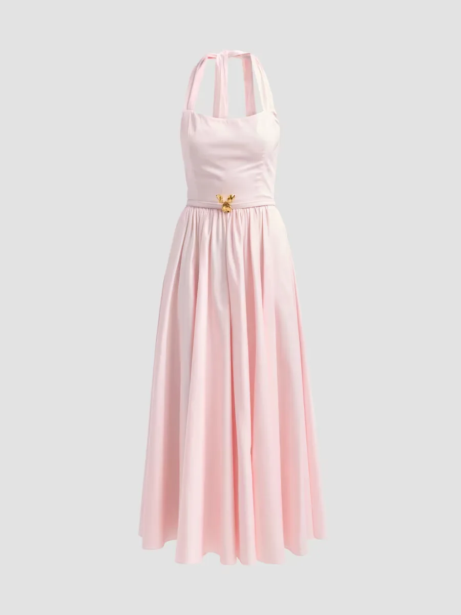 Brooch-Detail Poplin Halter Day Dress by Oscar de la Renta