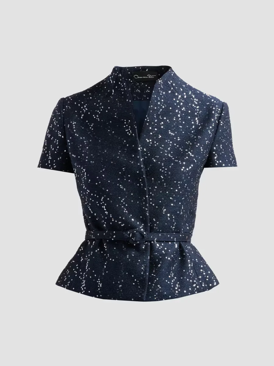 Sequin Tweed Short-Sleeve Jacket by Oscar de la Renta