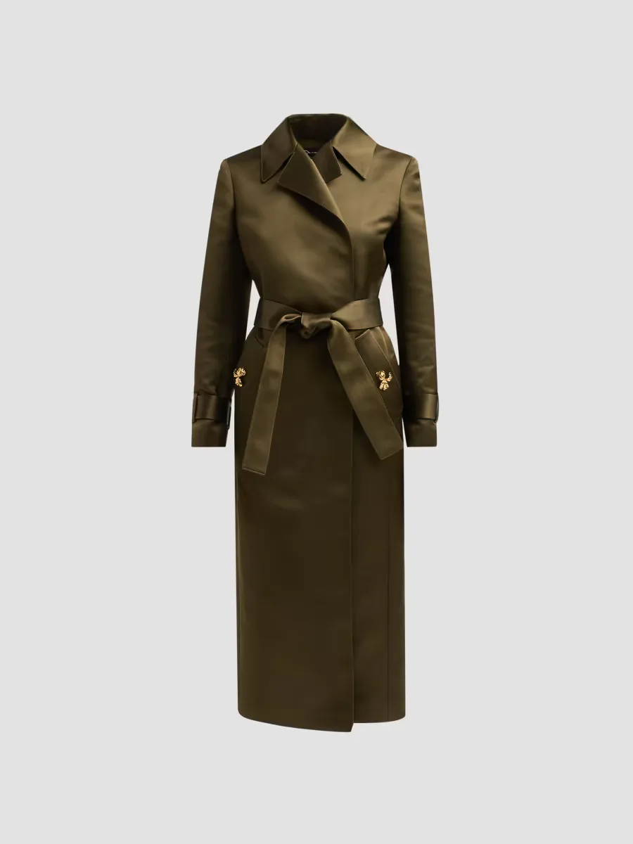 Brooch Silk Satin Gabardine Wrap Coat by Oscar de la Renta