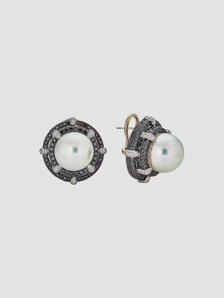 18K White Gold, South Sea Pearl & 4.24 TCW Diamond Stud Earrings by BELPEARL