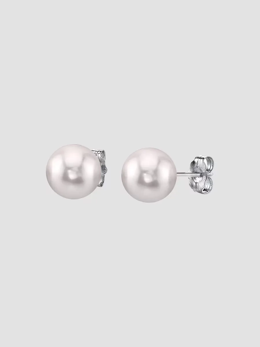 18K White Gold & Akoya Pearl Stud Earrings/8MM by BELPEARL