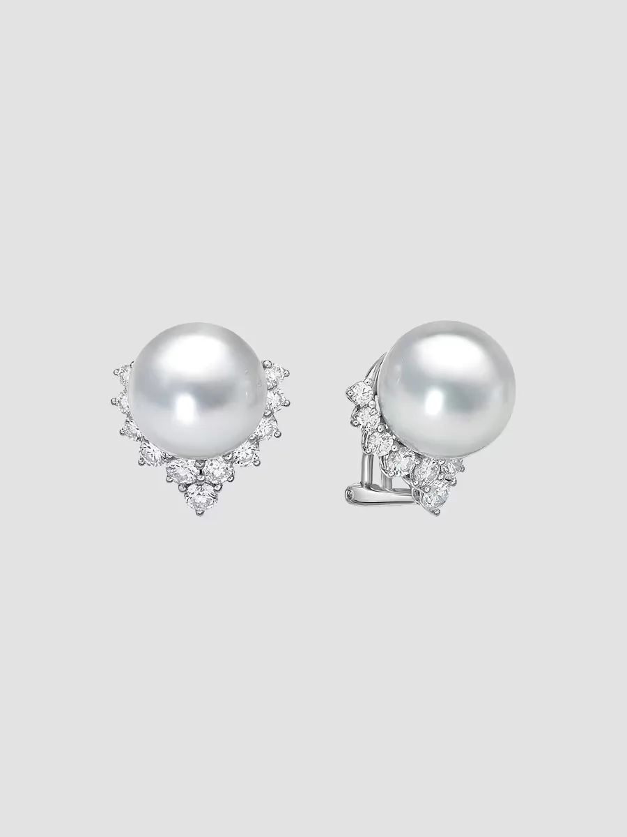 18K White Gold, South Sea Pearl & 1.68 TCW Diamond Stud Earrings by BELPEARL