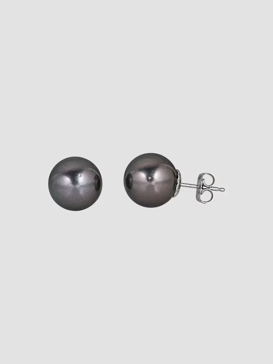 18K White Gold & Black Tahitian Pearl Stud Earrings/13MM by BELPEARL