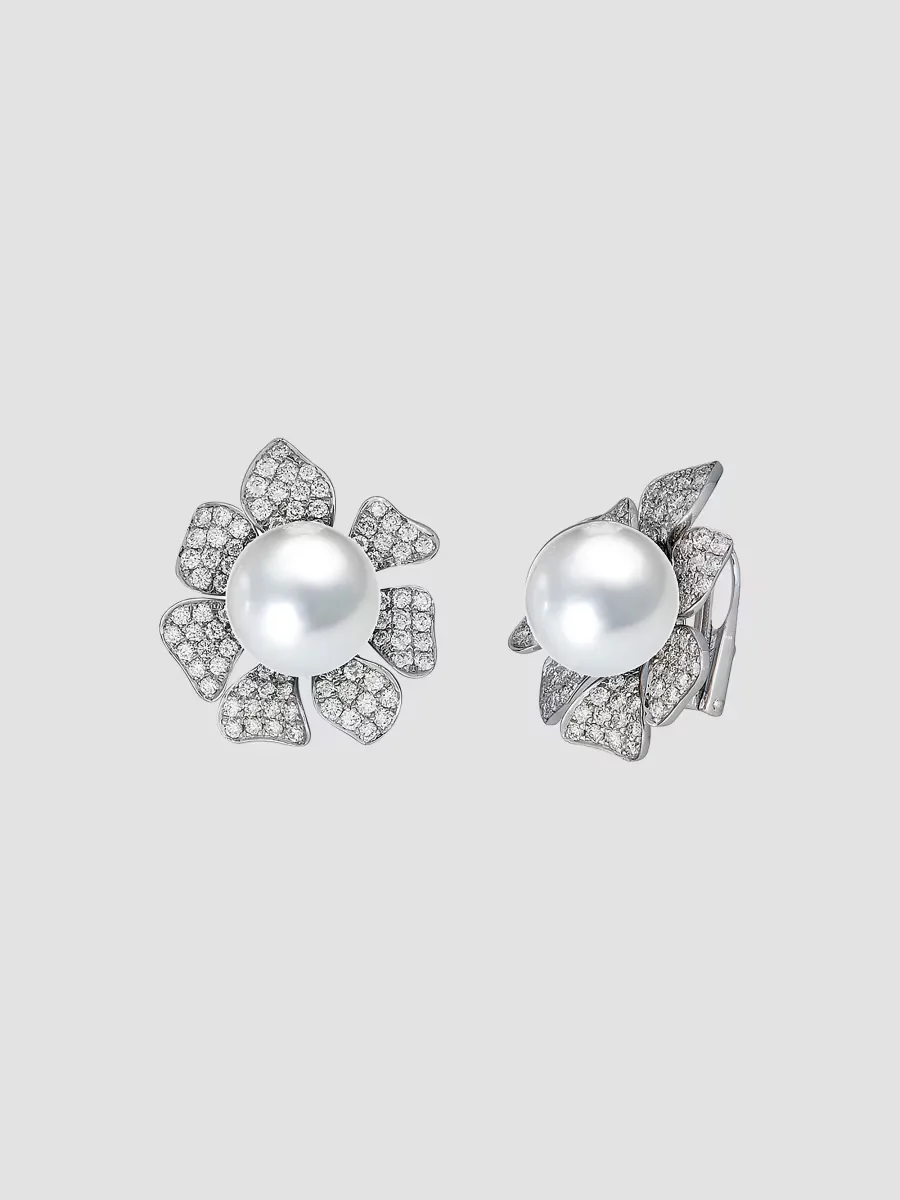 18K White Gold, South Sea Pearl & 2.34 TCW Diamond Stud Earrings by BELPEARL