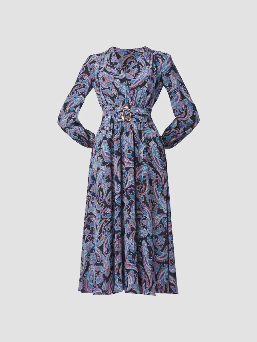 Kendall Belted Paisley A-Line Midi-Dress by Shoshanna