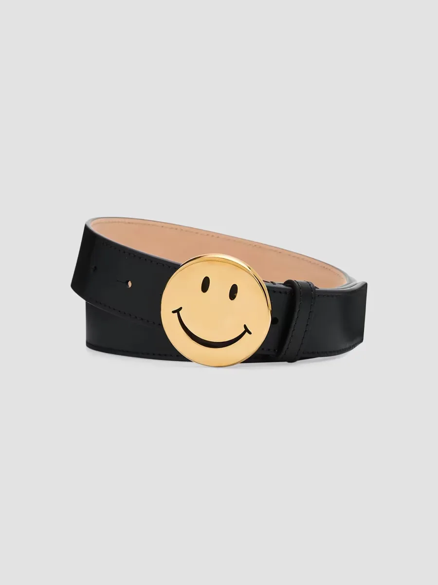 Smiley Buckle Leather Belt by Moschino