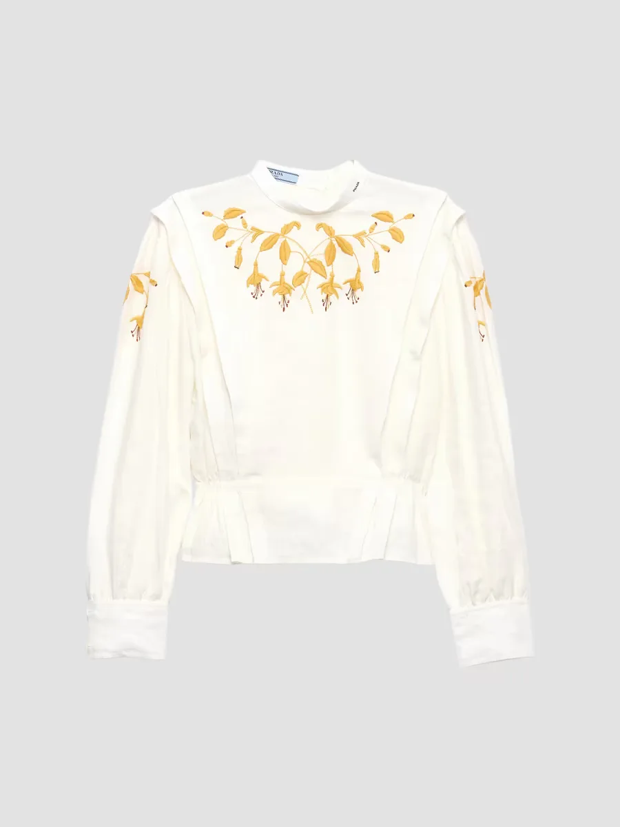 Embroidered Slubbed Fabric Top by Prada