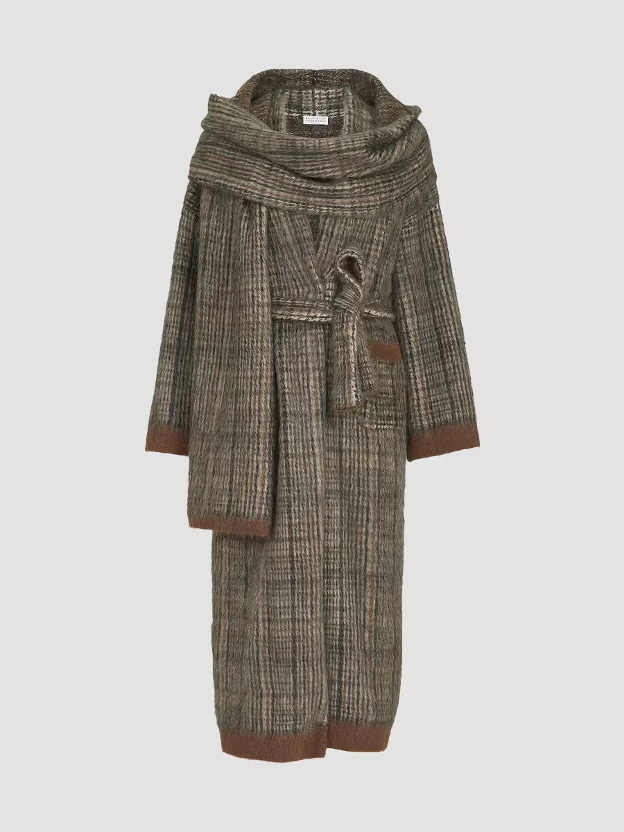Mohair and Wool Prince of Wales Double Knit Coat with Scarf by Brunello Cucinelli
