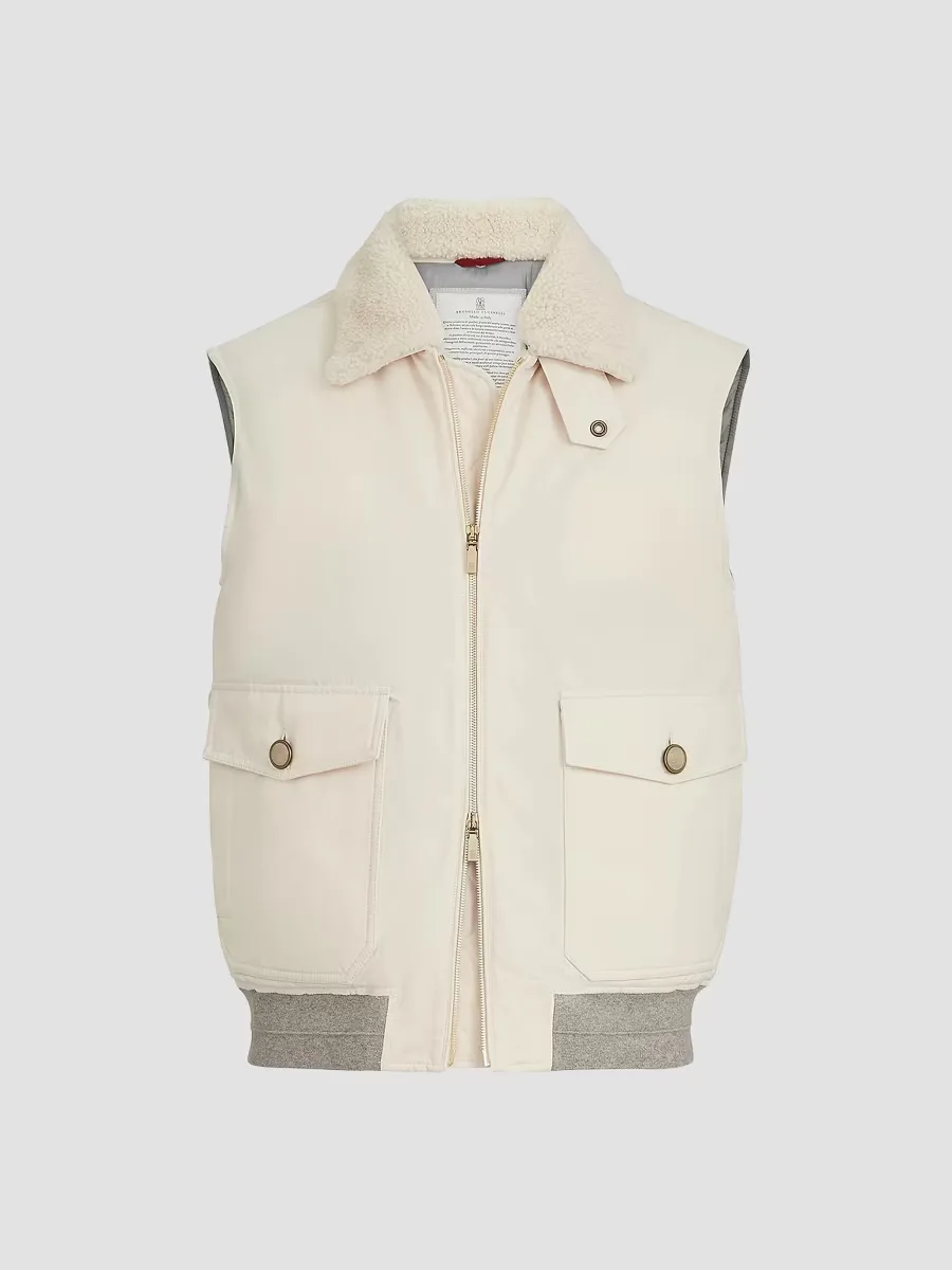 Waxed Techno Cotton Down Vest with Detachable Shearling Collar by Brunello Cucinelli