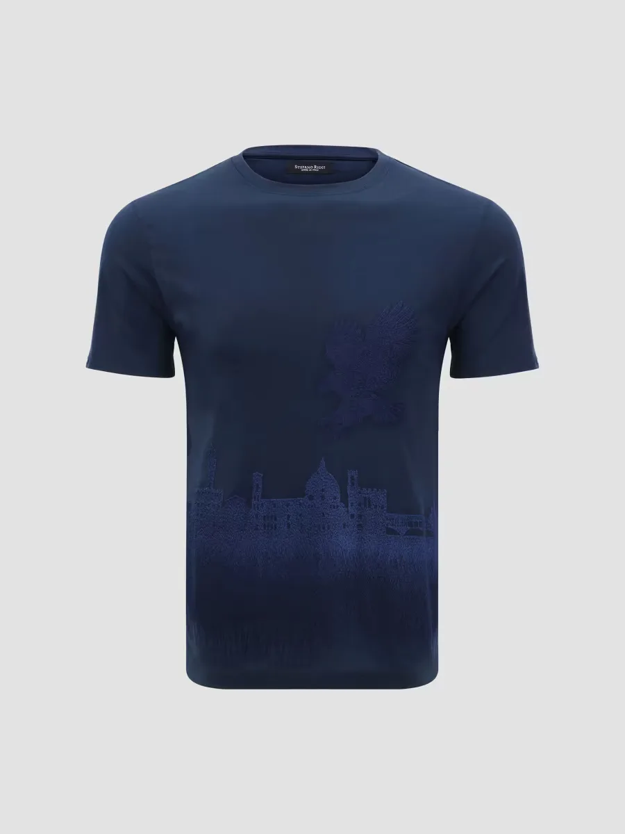 Crewneck Florence Skyline Embroidered T-Shirt by Stefano Ricci
