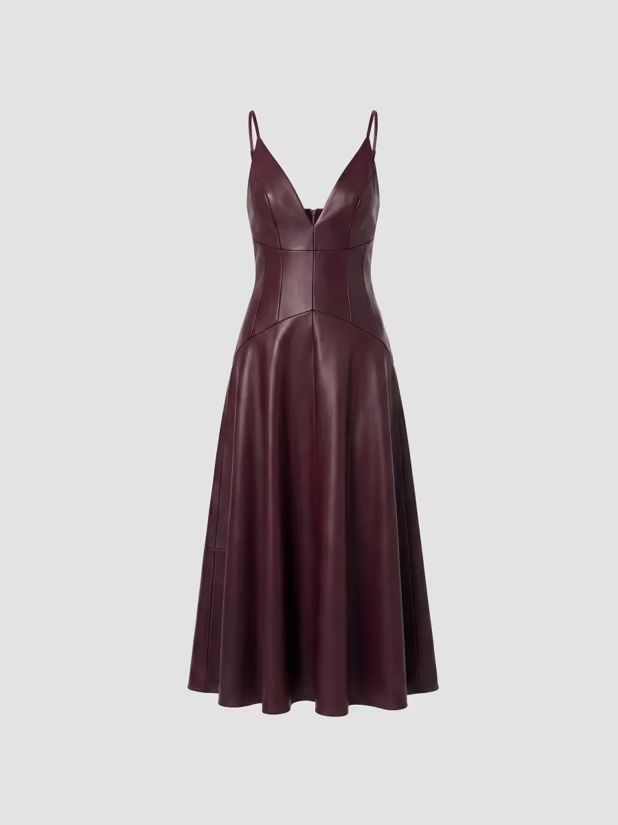 Nora Faux-Leather Plunge Neck Midi Dress
