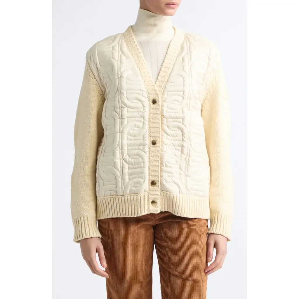 Mixed Media Chain Quilt Cotton Blend Cardigan by Moncler