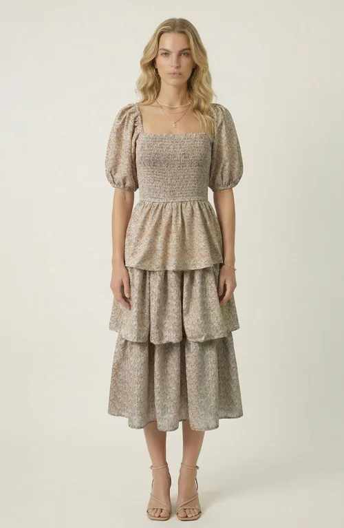 Smocked Tiered Puff Sleeve Maxi Dress by Modenaire