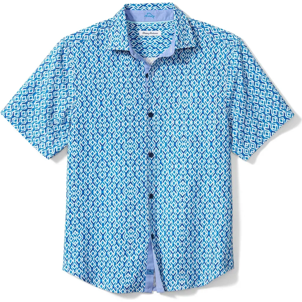 Diamond Tides Print Short Sleeve Silk Button-Up Shirt