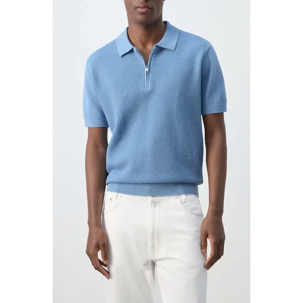 Solid Cotton Waffle Zip Polo Sweater by MANGO