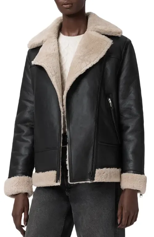 Sola Oversize Genuine Shearling Biker Jacket by AllSaints