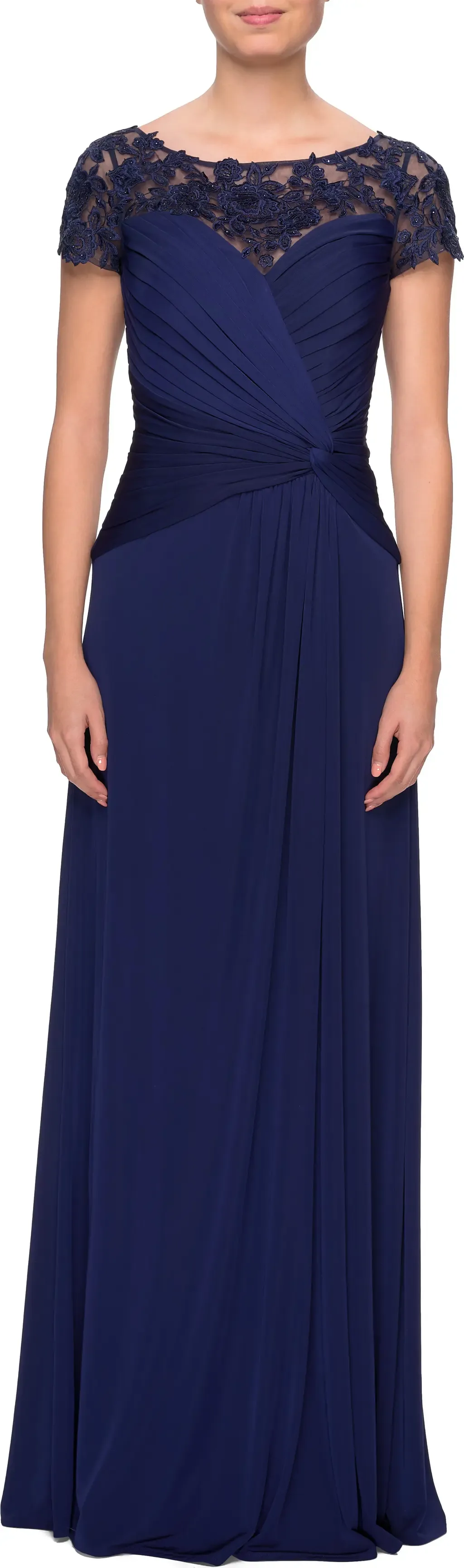 Jersey Dress with Ruching and Floral Neckline