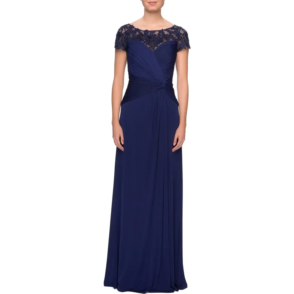 Jersey Dress with Ruching and Floral Neckline by La Femme