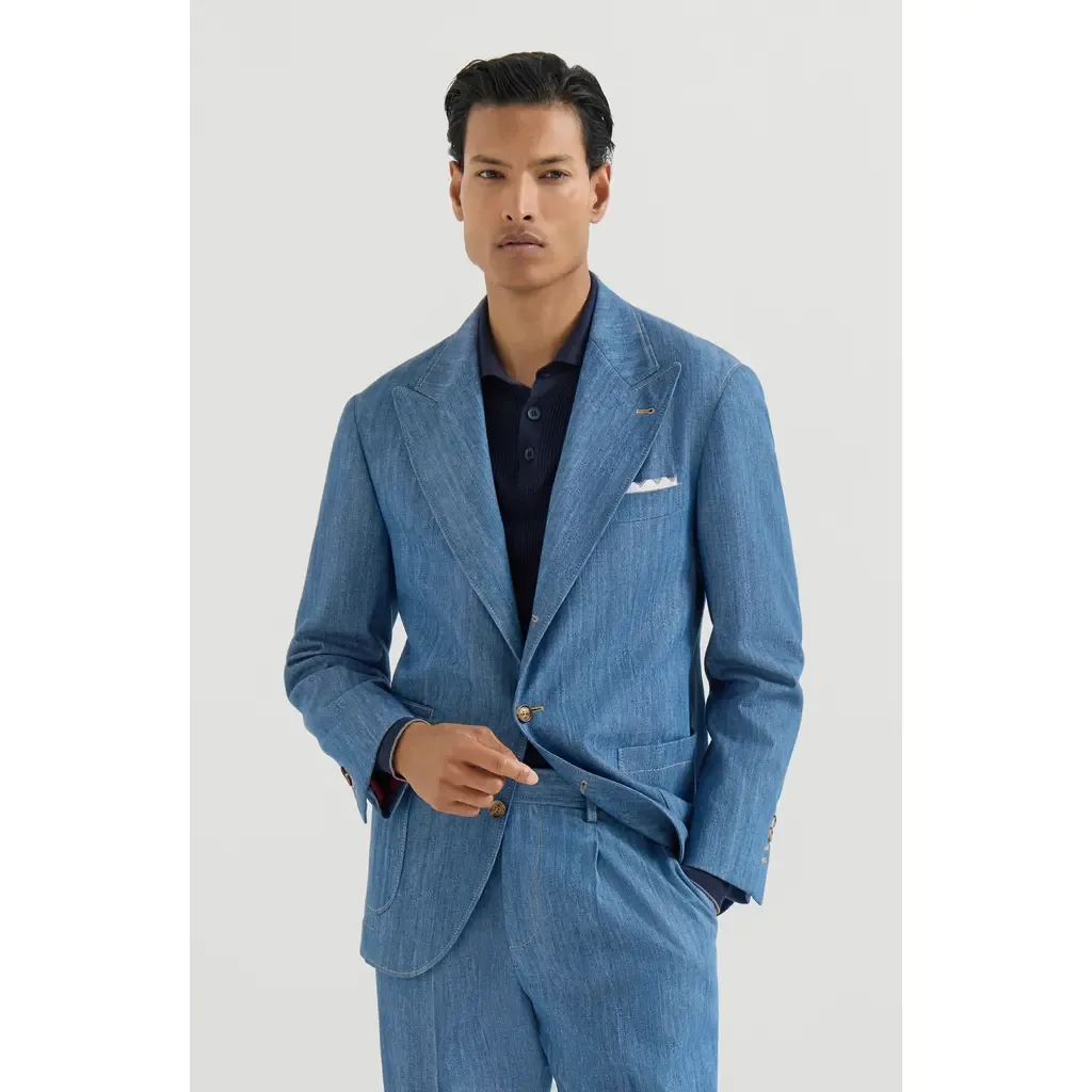 Lightweight Denim Deconstructed Peak-Lapel Blazer with Patch Pockets by Brunello Cucinelli