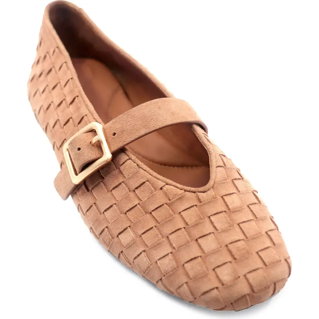 Winifred Woven Mary Jane Flat in Camel Suede by Gentle Souls