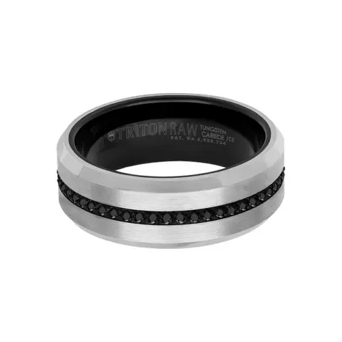 8MM Tungsten Carbide Ring with Eternity Black Sapphires and Beveled Edge by Triton