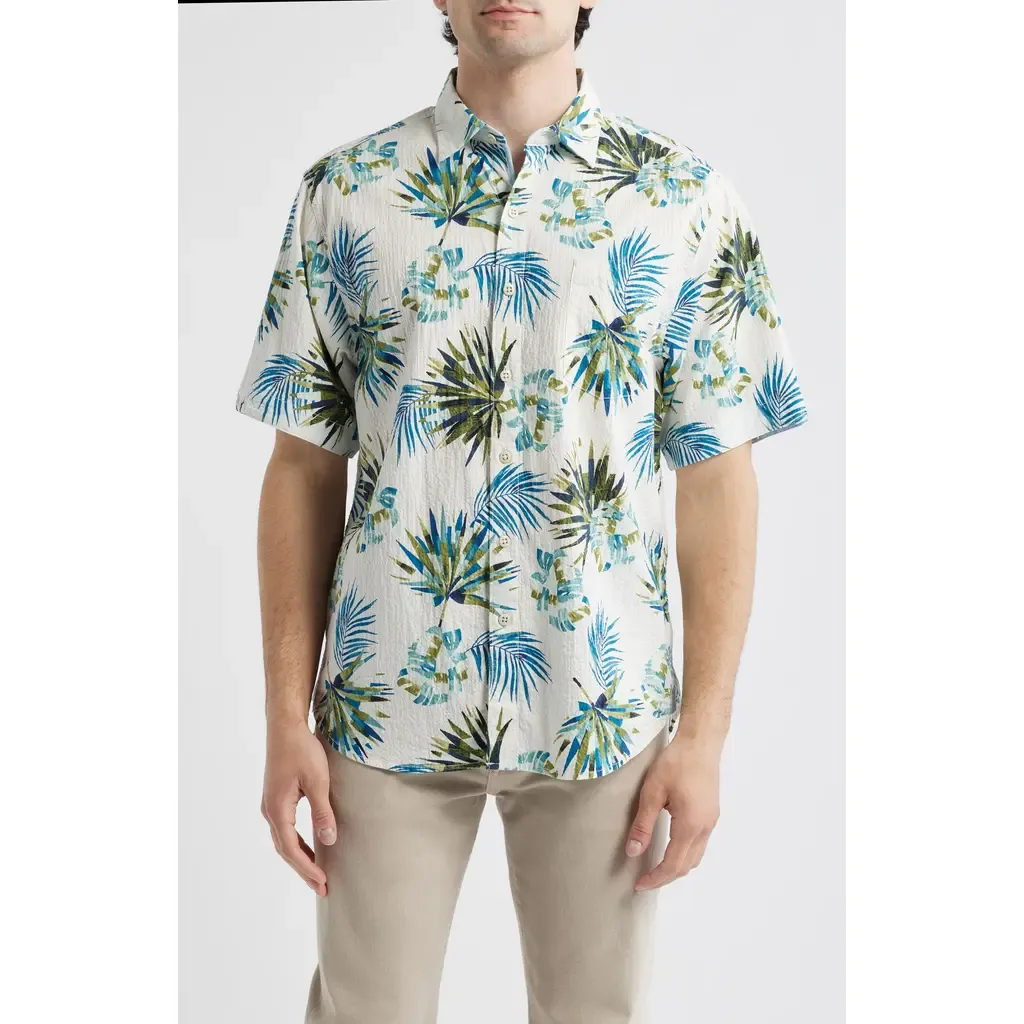 Nova Wave Frond Mosaic Short Sleeve Seersucker Button-Up Shirt by Tommy Bahama
