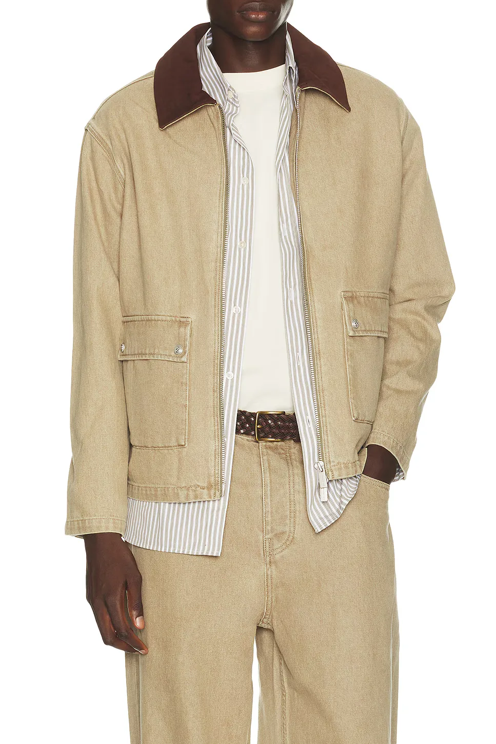 Washed Zipped Denim Jacket in Khaki