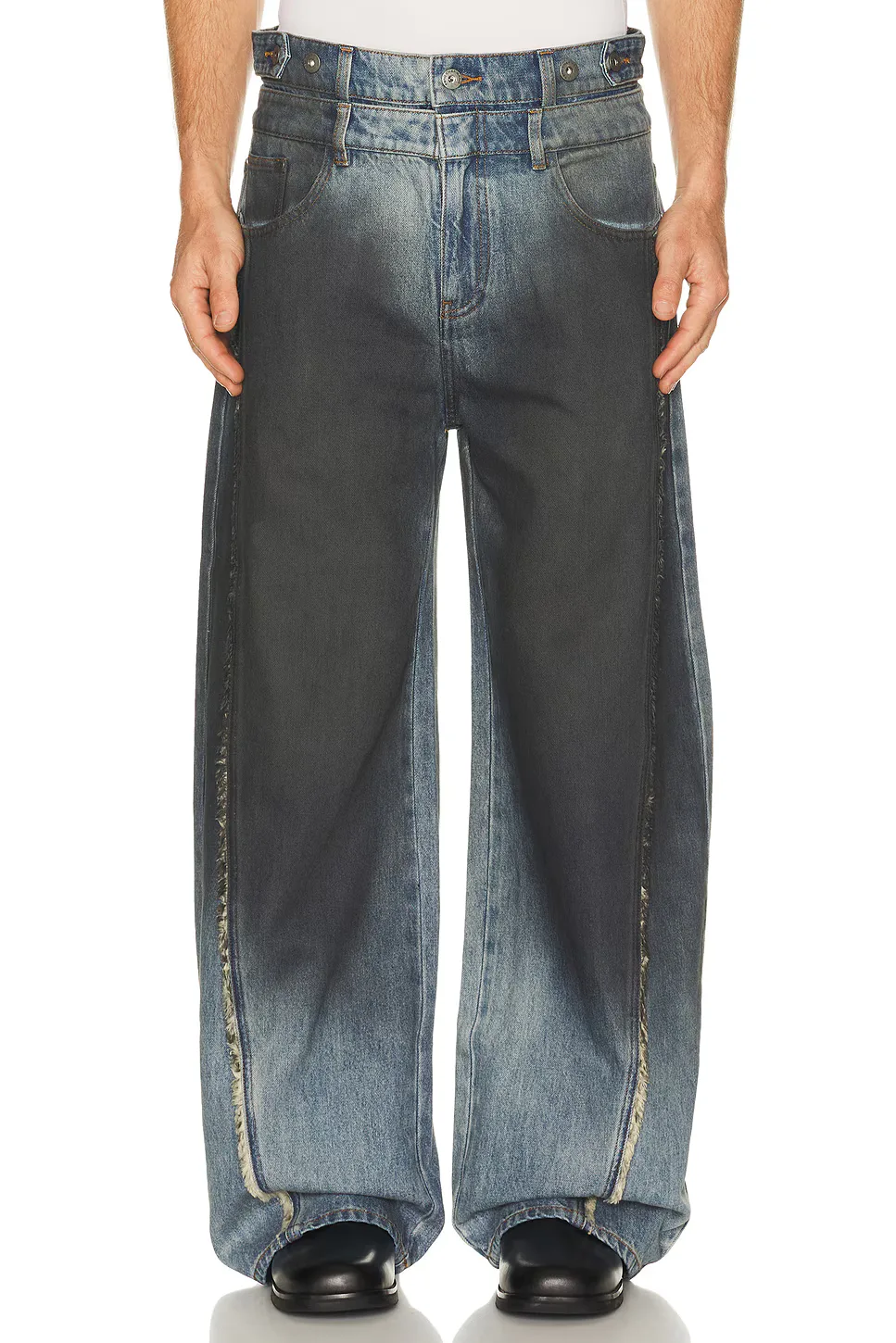 Double Waist Gradient Indigo Denim Trousers by Feng Chen Wang