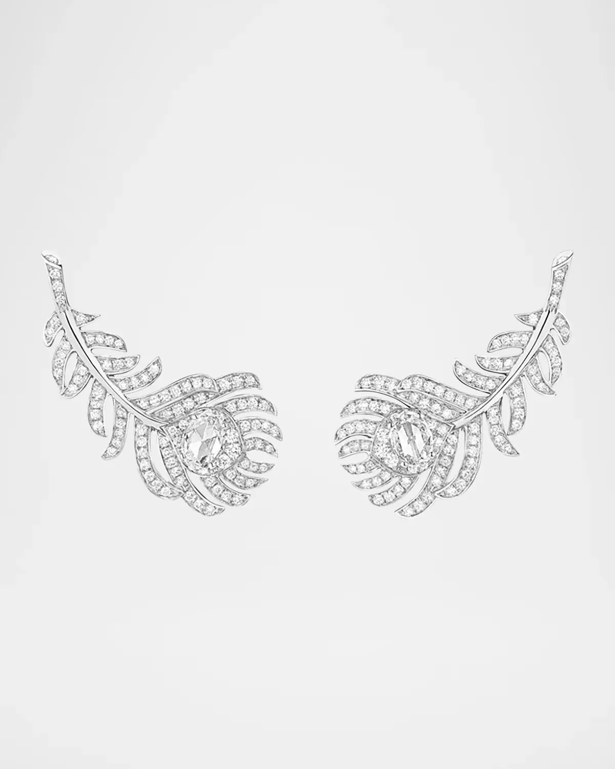 Plume De Paon 18K White Gold Diamond Peacock Feather Clip-On Earrings by Boucheron
