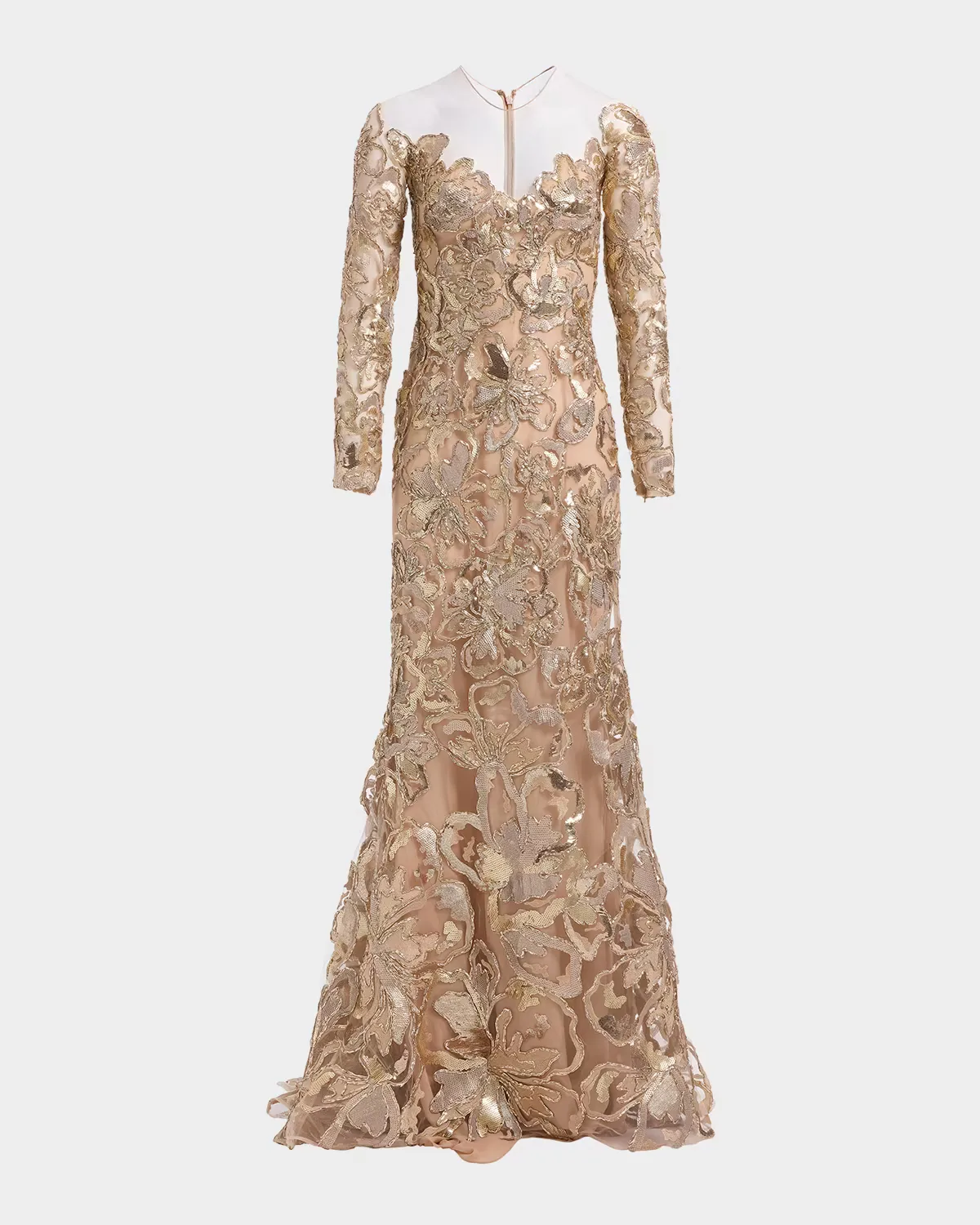 Long-Sleeve Metallic Raffia Embroidered Illusion Gown by Elie Saab