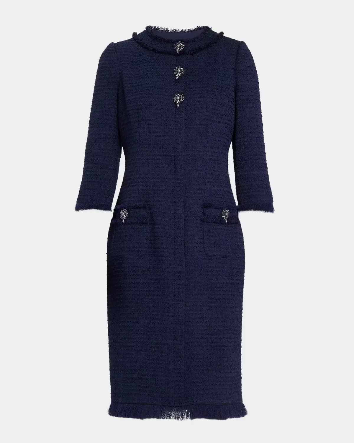 Fringe-Trim Stretch Boucle Dress by Teri Jon