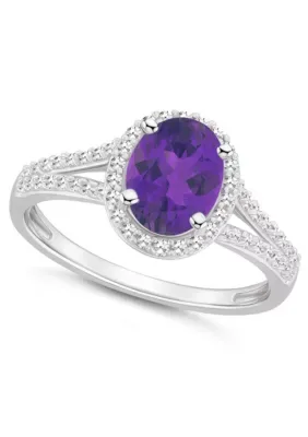 Sterling Silver 8x6mm Oval Gemstone 1/4 CTTW Diamond Halo Ring by Belk & Co