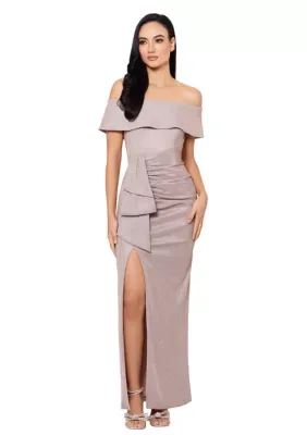 Long Glitter Metallic Off the Shoulder Ruffle Gown by Xscape