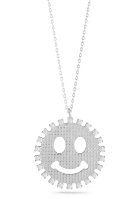 Sterling Silver CZ Bold Smiley Face Pendant Necklace by Sphera Milano