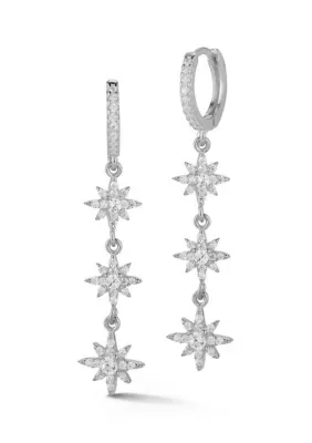 Sterling Silver CZ Multi Star Charm Huggie Hoop Earrings