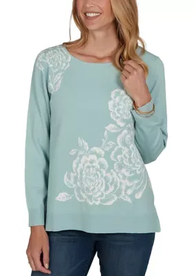 Jewel Neck Floral Jacquard Pullover Sweater by Ruby Rd