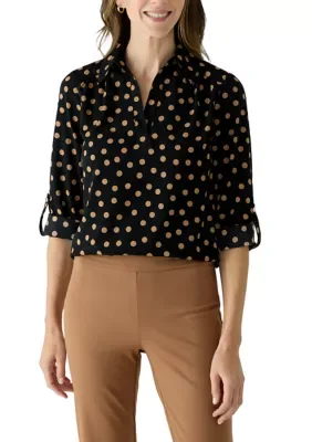 3/4 Sleeve V-Neck Roll Tab Top by Anne Klein