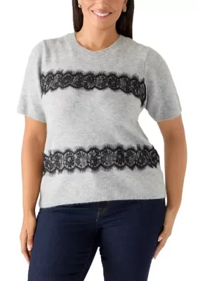 Short Sleeve Sweater with Lace Detail by CeCe
