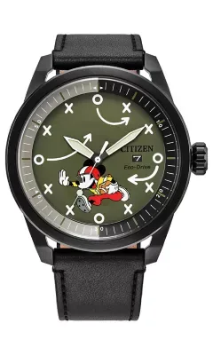 Mickey Mouse & Friends Mickey Sport Black Leather Strap Watch 44.3mm by Citizen