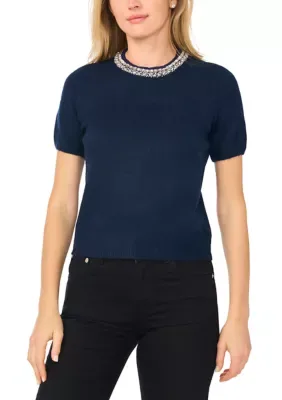Short Sleeve Jewel Neck Sweater by CeCe