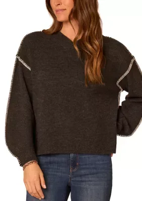 Long Sleeve V-Neck Embroidered Contrast Stitch Sweater