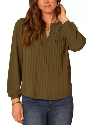 Long Sleeve Mandarin Collar Top with Embroidered Detail Shirttail Knit by Democracy