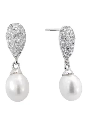 Plated Pearl Cubic Zirconia Pave Teardrop Earrings