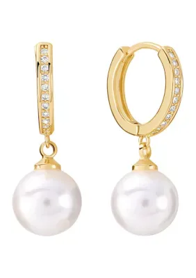 Plated Simulated Pearl and Cubic Zirconia Huggie Hoop Earrings