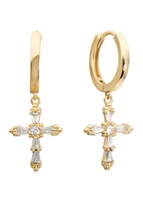 Plated Cubic Zirconia Cross Huggie Drop Earrings