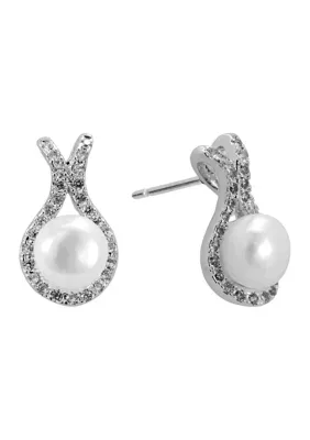 Plated Simulated Pearl Cubic Zirconia Halo Stud Earrings by Belk Silverworks