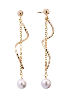 Plated Simulated Pearl Chain Spiral Drop Earrings by Belk Silverworks