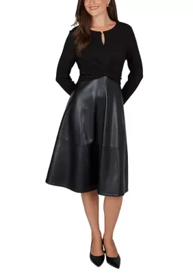 Faux Leather Trim Fit-and-Flare Ponte Dress by Ruby Rd