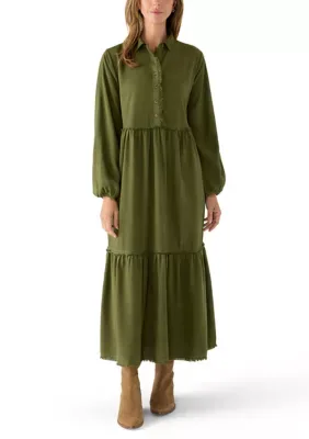 Long Sleeve Raw Edge Tencel Tiered Maxi Dress by Wonderly