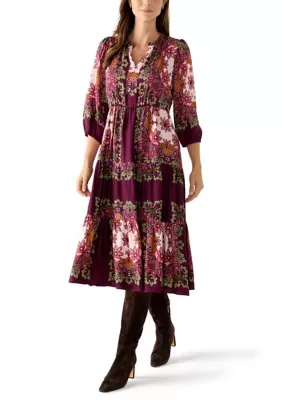 3/4 Sleeve Patchwork Midi Dress by Muse Republic Clothing